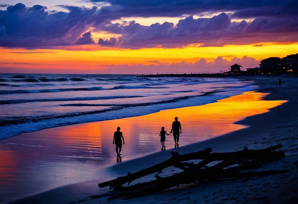 A serene scene of Galveston's coastline during twilight, with gentle waves lapping against the shore. Silhouetted figures walk along the beach, reflecting on their thoughts amid soft clouds illuminated by warm light. Delicate seashells and driftwood scatter the sand, representing elements of memory and nostalgia. The overall atmosphere blends melancholy and hope, inviting contemplation on life's challenges. super-realistic. vibrant colors. calming tones.