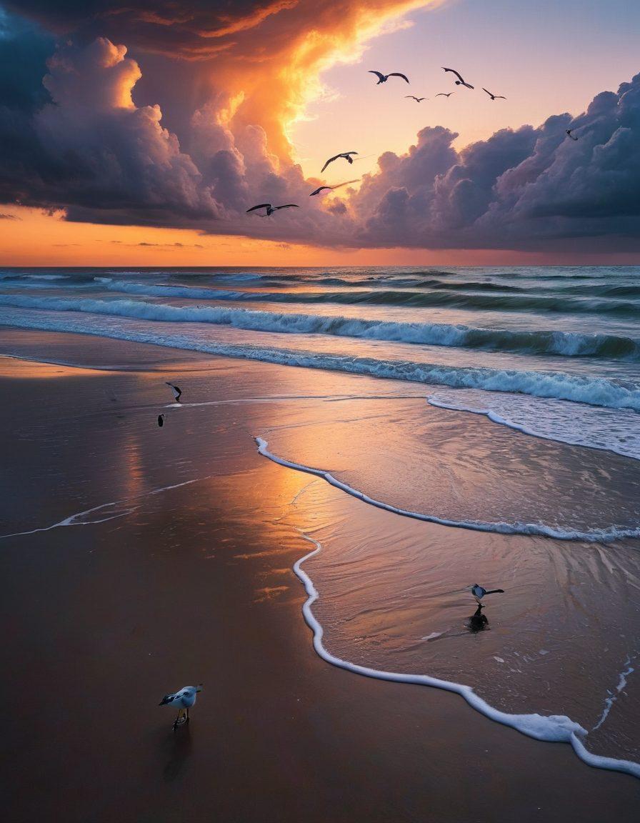 A serene beachfront scene at Galveston, where gentle waves kiss the shore under a twilight sky painted in soft pastels. A figure stands at the water's edge, looking thoughtfully at the horizon, seagulls soaring above, creating a poignant atmosphere of reflection and hope. Elements of melancholy subtly portrayed through dark, flowing clouds on one side and warm light breaking through on the other. super-realistic. vibrant colors. dreamy ambiance.