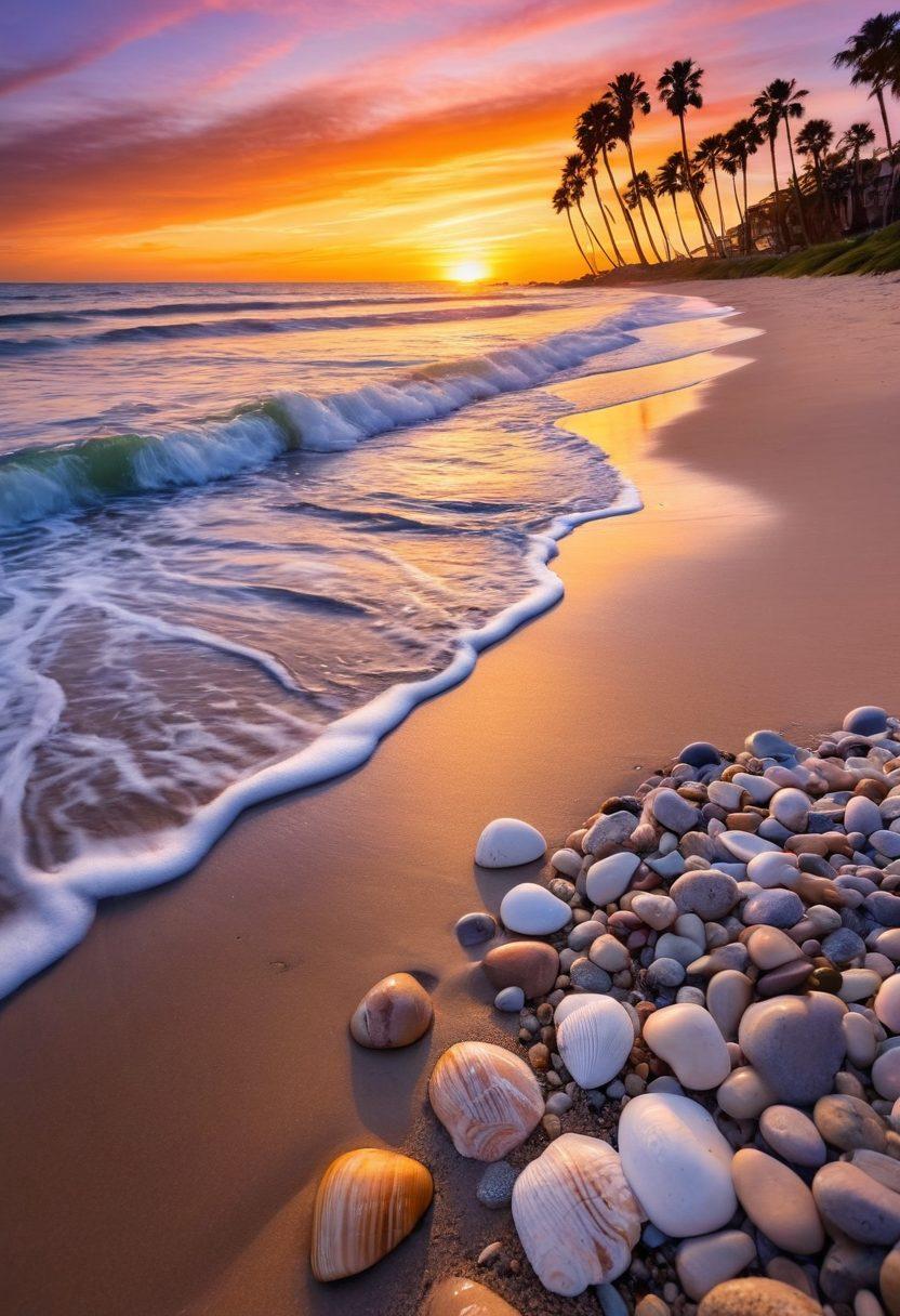 A tranquil Galveston beach scene at sunset, with gentle waves lapping at the shore and a lone figure meditating on the sand. Silhouetted palm trees sway in the breeze, while vibrant orange and purple hues fill the sky, symbolizing healing and serenity. In the foreground, seashells and smooth stones create a calming pathway leading to the ocean. soft focus. vibrant colors. painting.